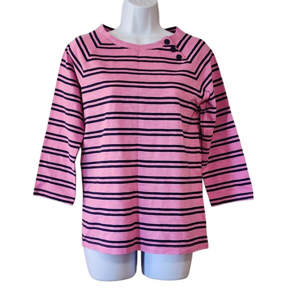 Joe Fresh Womens Knit Top Size M Pink Navy 3/4 Raglan Sleeve Button Shoulder - Picture 1 of 11